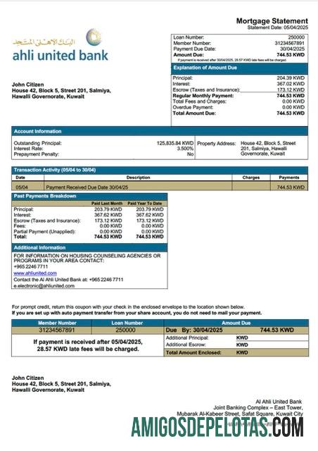 em branco Modelo Word e PDF de declaração de hipoteca do Kuwait Al Ahli United Bank